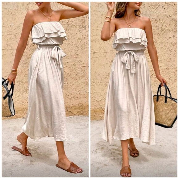 New Tiered Ruffle Midi Strapless Dress Tie Belt Beige Khaki Tan